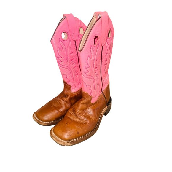 Old West Childrens Square Toe Pink Brown Lower Leather Cowboy Western Boots 3.5D - Picture 2 of 11